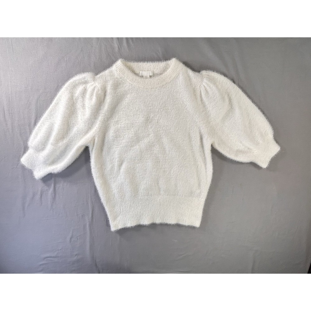 H&M Sweater Ivory Women's‎ Medium Short Sleeve Puffed Sleeve Fuzzy